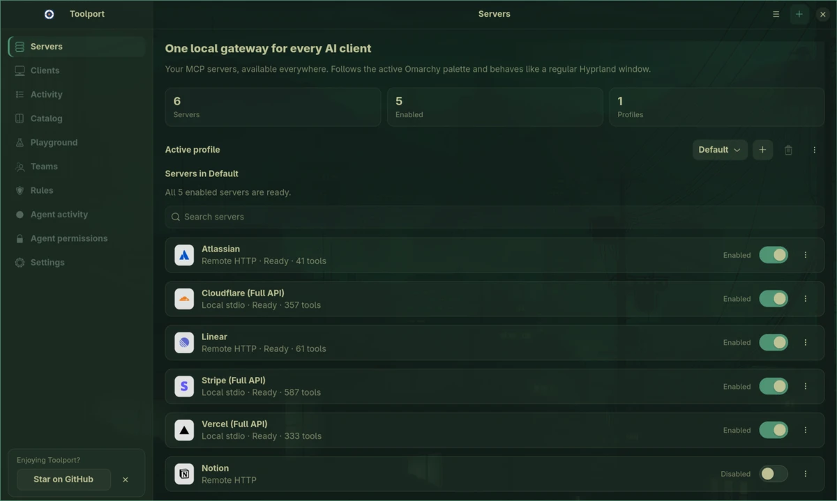 Toolport's Servers view