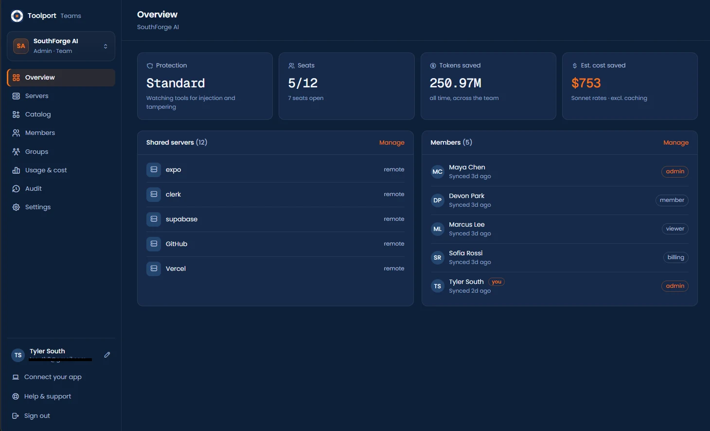 Toolport Teams overview with shared servers and members